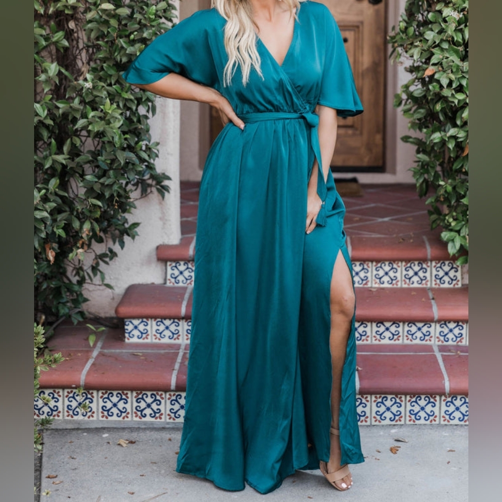 Pink Lily We Go Together Teal Belted Maxi Dress Size Medium